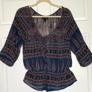 American Eagle Outfitters Womens Boho Prairie Sheer Top MED Floral Feather Bead